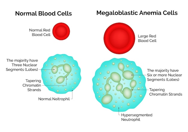 Vector normal blood cells megaloblastic anemia cells normal neitrophil hypersegmented neitrophil