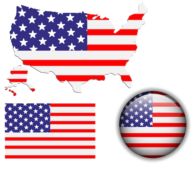 North American USA flag, map and glossy button.