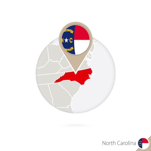 North Carolina US State map and flag in circle. Map of North Carolina, North Carolina flag pin. Map of North Carolina in the style of the globe. Vector Illustration.