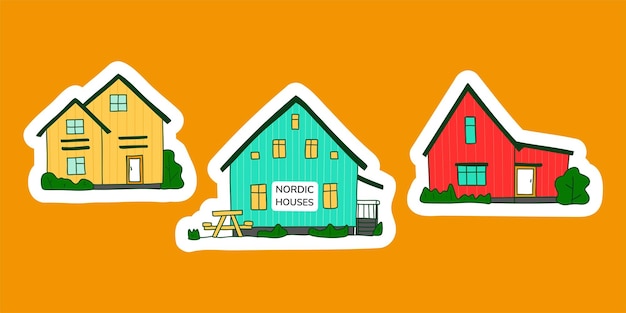 North Europe cute rustic houses stickers set Typical norway rural architecture