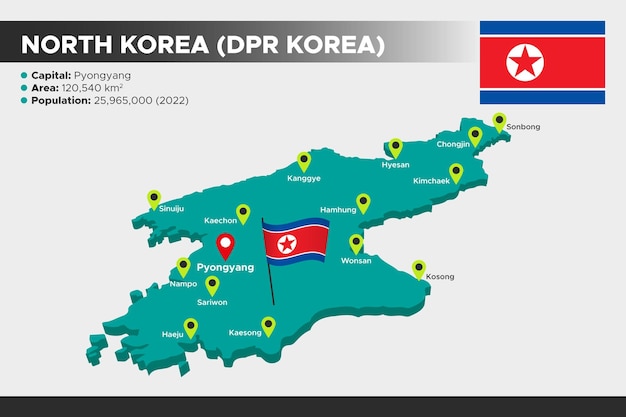 North Korea isometric 3d illustration map Flag capital cities area population and map of DPR Korea