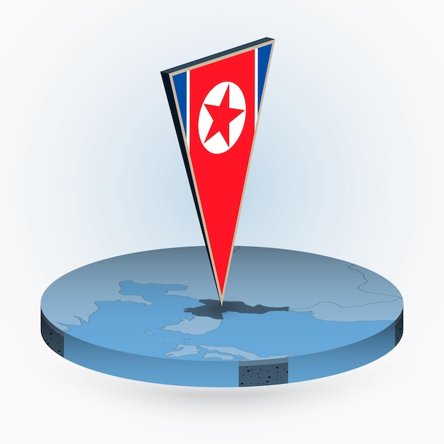 Vector north korea map in round isometric style with triangular 3d flag of north korea