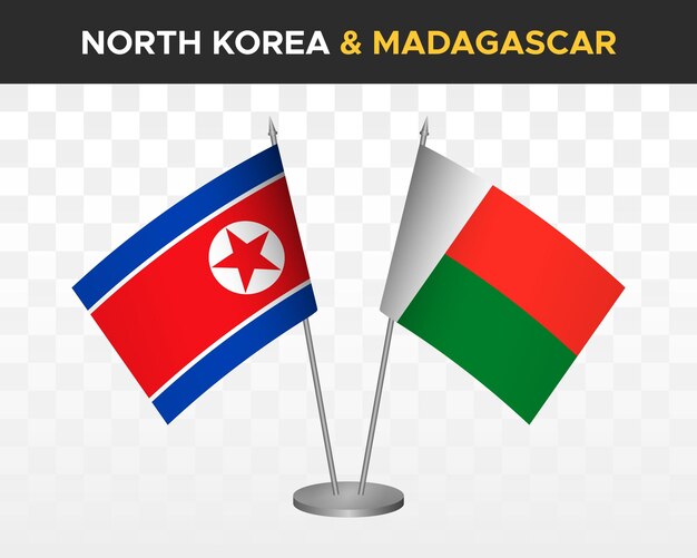 North Korea vs madagascar desk flags mockup isolated 3d vector illustration table flags