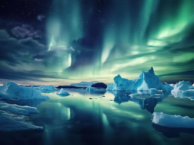 Northern Lights over the lake Aurora borealis with starry in the night sky