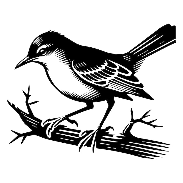 Northern mockingbird Silhouette Design mockingbird bird Vector illustration in black and white