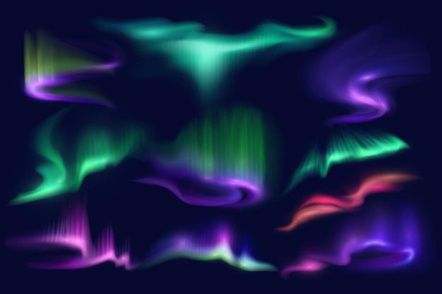 Northern polar aurora borealis lights on dark night sky background. Abstract 3d vector northern light swirls, transparent glowing of green, purple and pink waves, shining aurora borealis