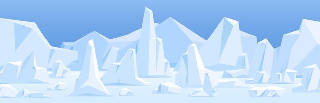 Vector northern polar landscape with icebergs in snow. arctic ice bergs, glaciers at north pole. panoramic view of cold nature scenery with frozen peaks, snowy land and sky. flat vector illustration.