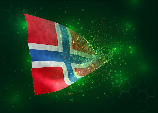 Norway on vector 3d flag on green background with polygons and data numbers