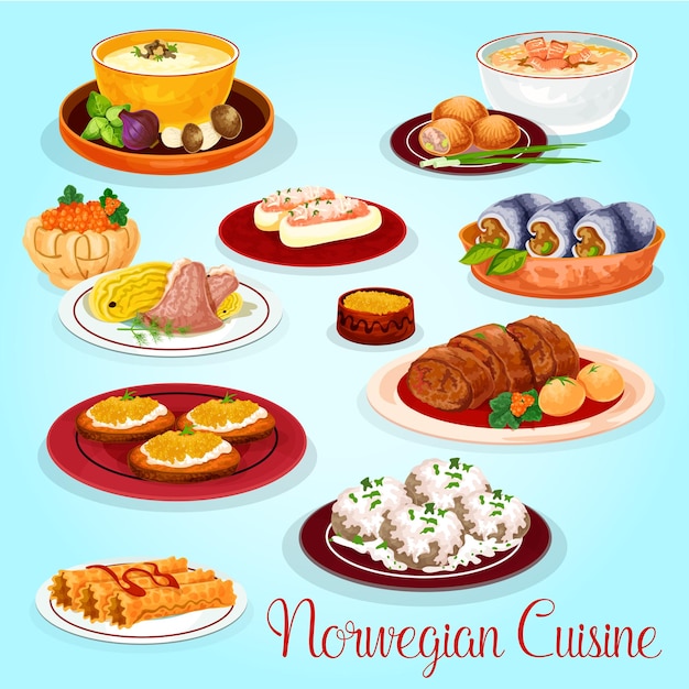 Vector norwegian cuisine dishes for lunch menu icon