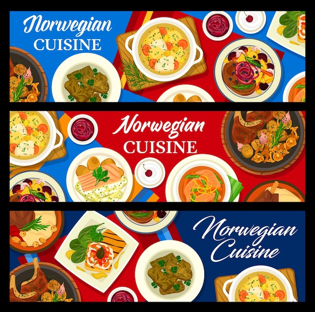 Norwegian cuisine food banners fish and meat food