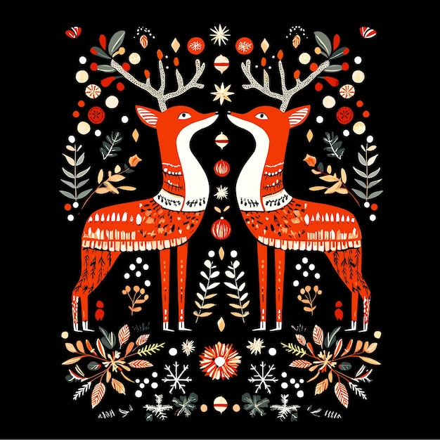 Vector norwegian folk art fox and deer christmas design