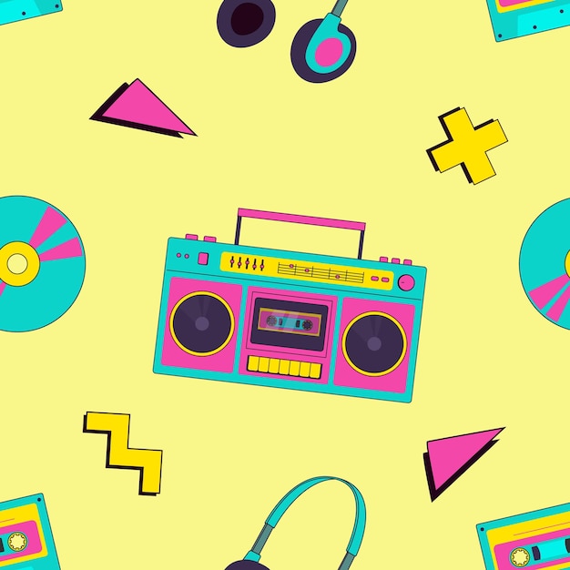 Nostalgia for 90s Vintage devices in memphis style seamless pattern