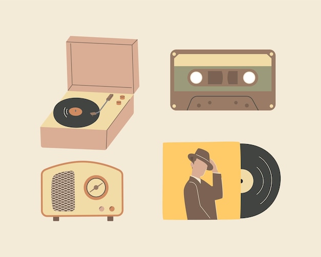 Nostalgia musical equipment cassette tape and vinyl disc radio and vinyl record player