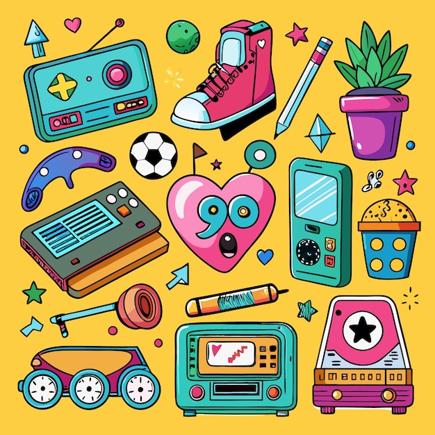 Vector nostalgic handdrawn 90s objects collection