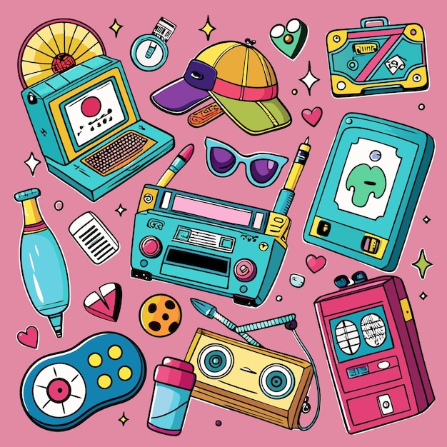 Vector nostalgic handdrawn 90s objects collection