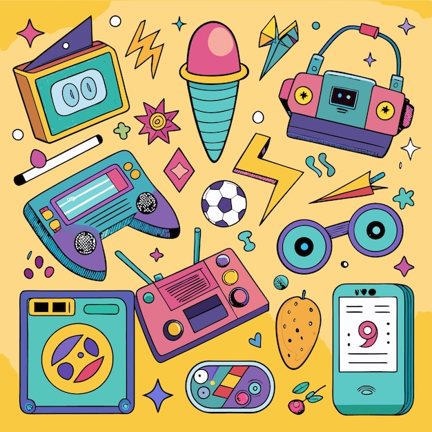 Vector nostalgic handdrawn 90s objects collection