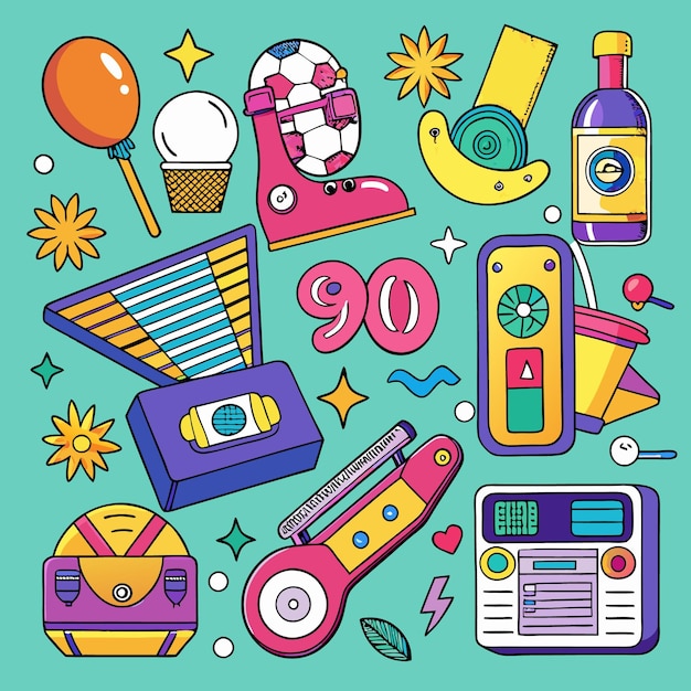 Vector nostalgic handdrawn 90s objects collection