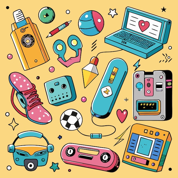 Vector nostalgic handdrawn 90s objects collection