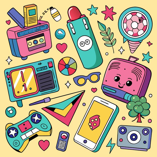 Vector nostalgic handdrawn 90s objects collection