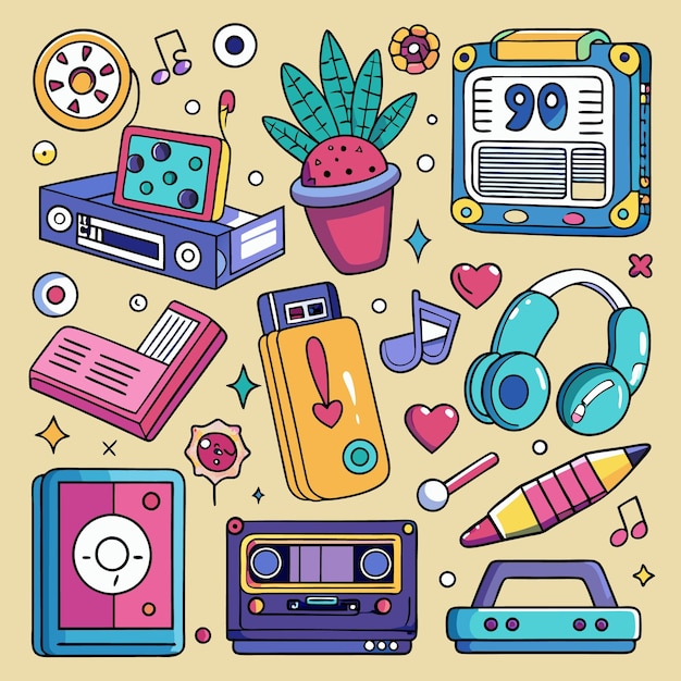 Vector nostalgic handdrawn 90s objects collection