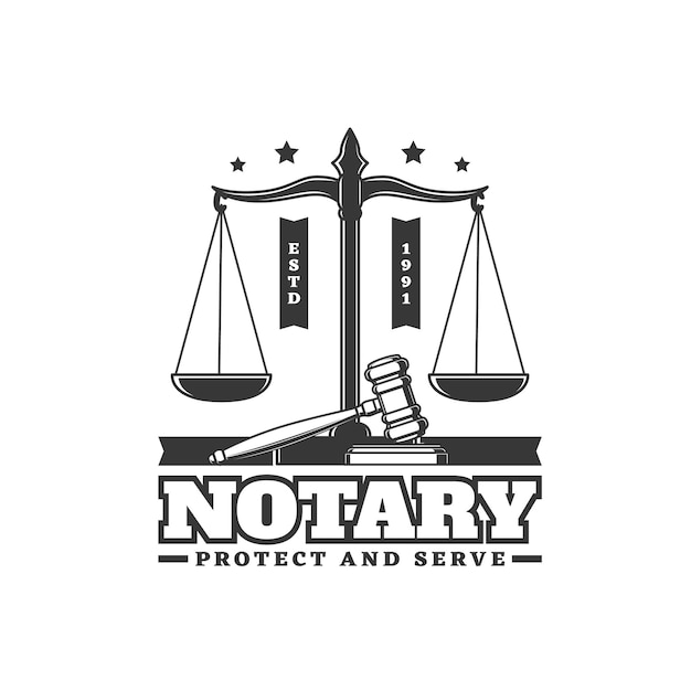 Notary service retro icon with scales and gavel