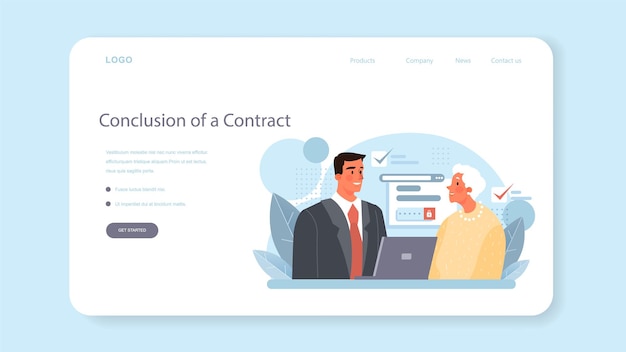 Notary service web banner or landing page. Professional lawyer signing and legalizing paper document. Person witnessing signatures on document. Isolated flat vector illustration