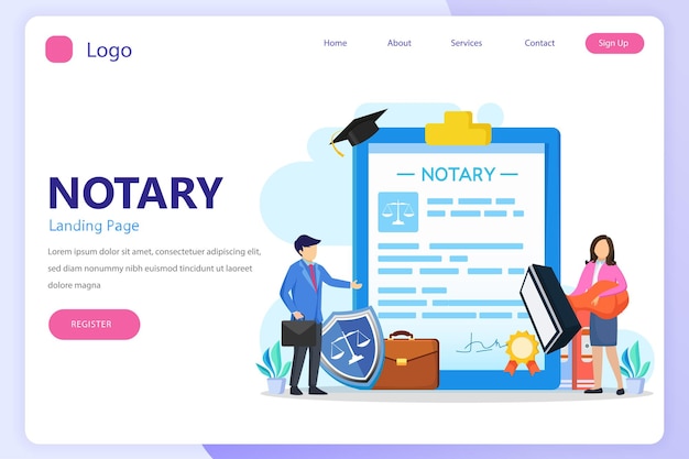 Vector notary services and legal assistance concept landing page website flat vector template