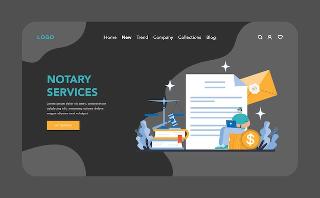 Vector notary services night or dark mode web or landing page authenticating documents with official