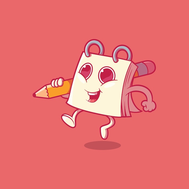 Notebook character holding a pencil vector illustration. Education, brand, funny design concept.