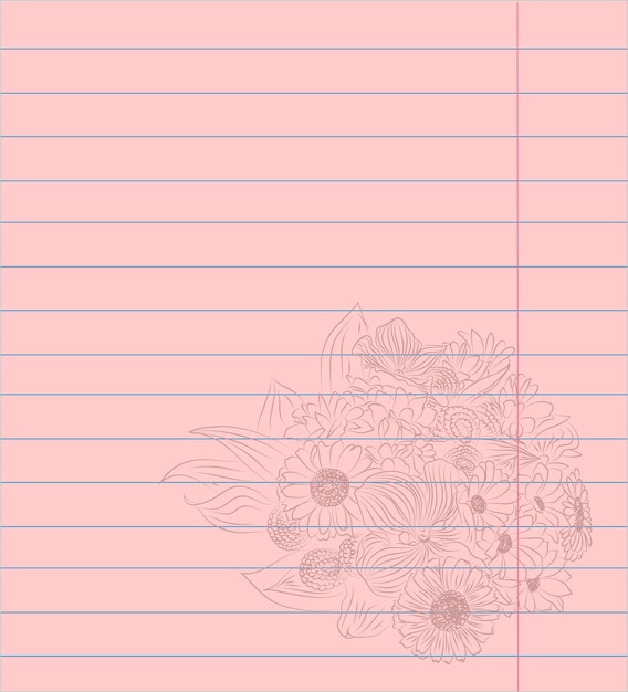 Vector notebook colored lined paper sheet with romantic flowers bouquet