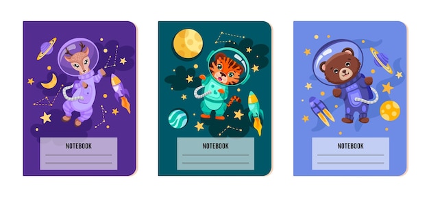 Notebook Cover templates with Animals astronauts in space suits in galaxy with stars and planets Printable background for school stationery kids diaries and albums Vector cartoon illustration