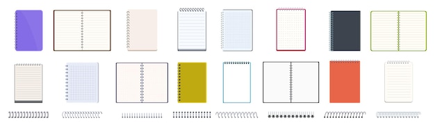 Vector notebook spiral binders icons set collection of blank spiral bound notepads showing different sizes colors and bindings