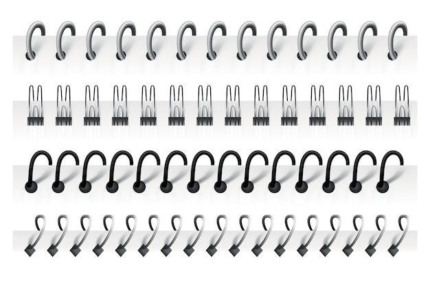 Notebook spirals, wire steel ring bindings and springs for calendar, diary, notepad, document cover or booklet sheets. Metal stitch isolated on white background. Can use as page divider.