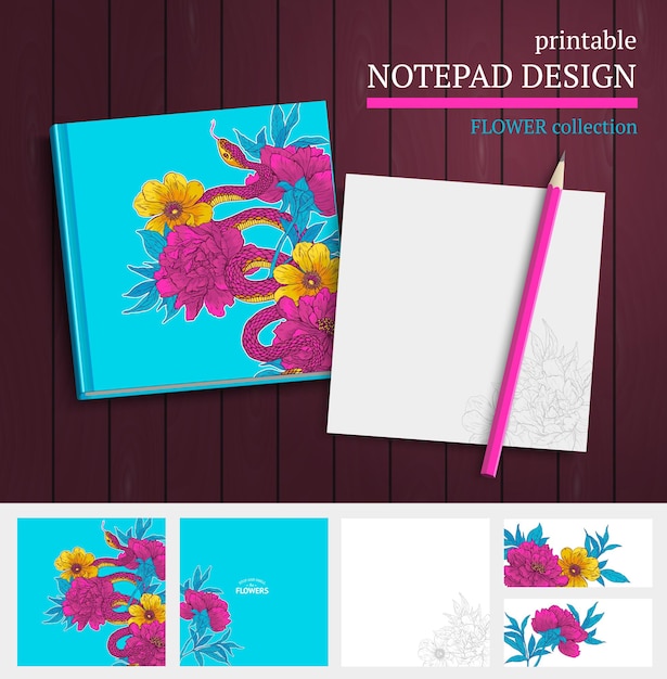 Notepad design with snake and flowers