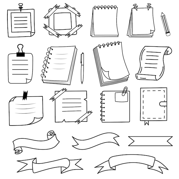 Notes notebooks ribbons in doodle style Reminder paper sticker for pin notice text