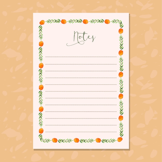 notes paper with watercolor floral frame