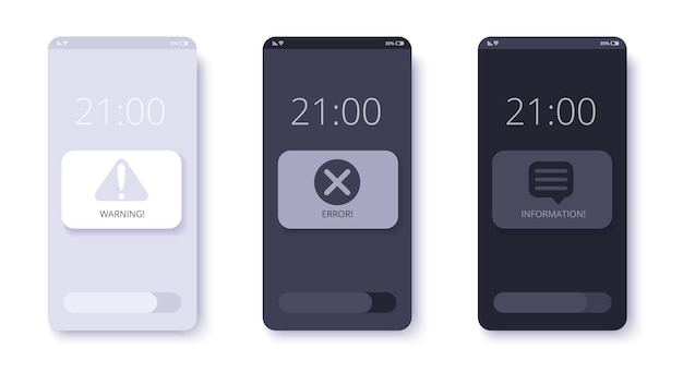Notification alert popup messages for mobile app design Warning Error and Info notifications