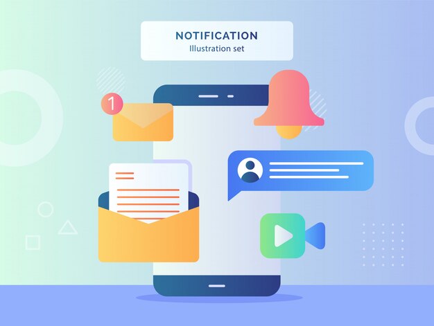 Vector notification illustration set smartphone with notification message email bell chat video call flat style .