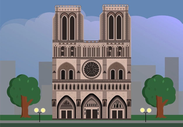 Notre Dame Cathedral in Paris flat vector, famous landmarks.