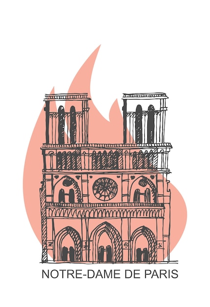 Notre Dame de Paris Cathedral on fire Illustration in the style of hand drawing