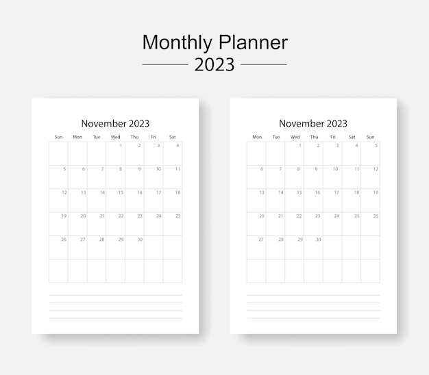 November 2023 monthly planner start monday start sunday start