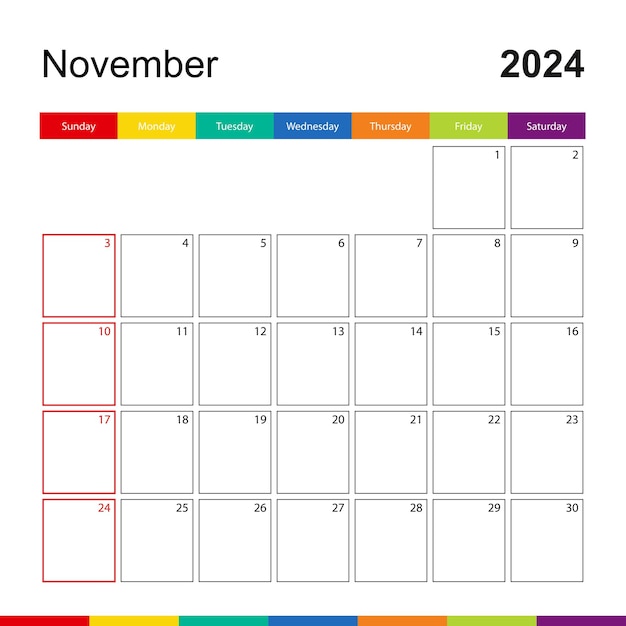 November 2024 colorful wall calendar week starts on Sunday