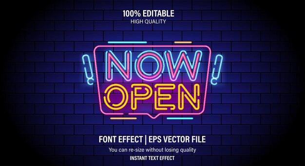 Now Open neon signs vector. Now Open Design template neon sign, Editable text effect