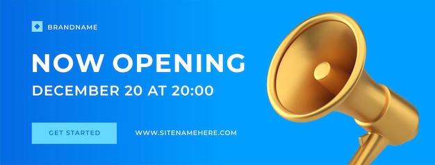 Now opening marketing promo announce golden bullhorn megaphone social media banner 3d icon vector