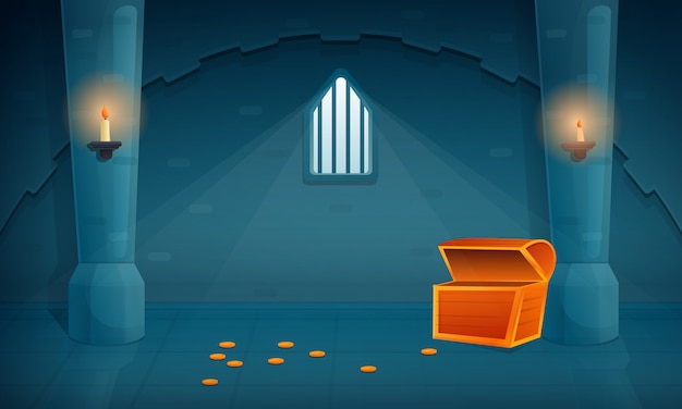 Nterior of an empty treasury in an old castle with an empty chest and several coins on the floor, illustration