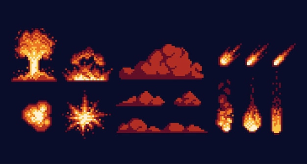 Nuclear mushroom cloud bomb explosion pixel art set Fire rain blast hot comets collection Soot