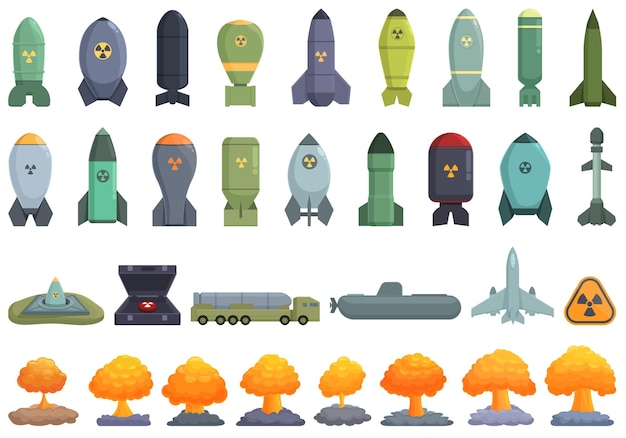 Nuclear weapon icons set cartoon vector Military ship