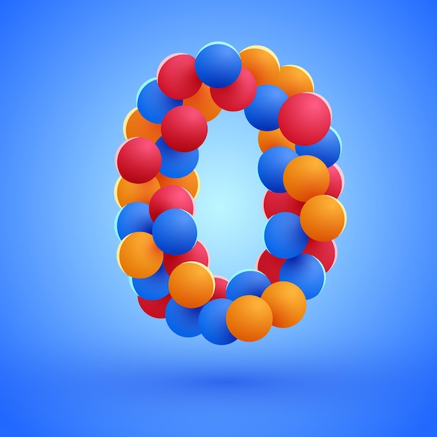 Number 0 made from multicolored festive balloons