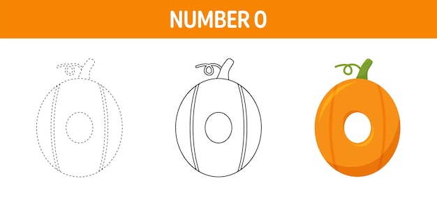 Number 0 Pumpkin tracing and coloring worksheet for kids