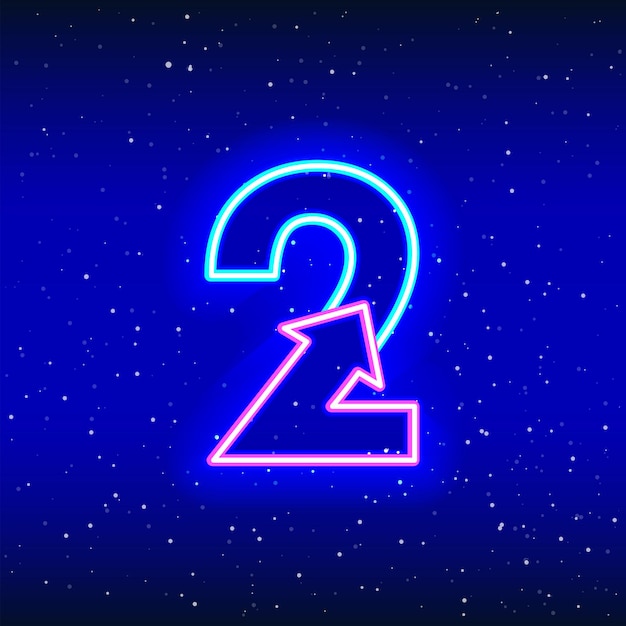 Number 2 and arrow sign in neon blue and pink color Arrowed numeral two of space stars